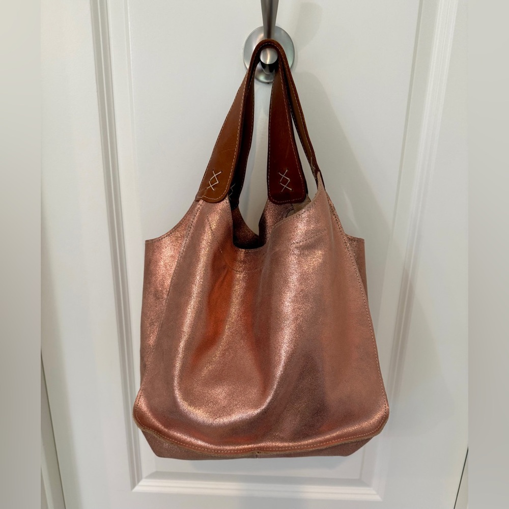 Joji & Co Santa Cruz RoseGold Metallic Suede and Brown Knitting Project Tote Bag - Picture 6 of 11